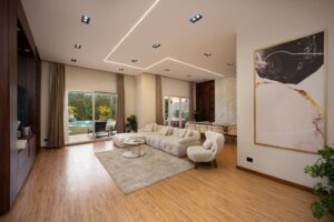 Luxury living area inside Villa Garnet with modern seating and natural light