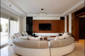 Luxury villa living room with modern sofa and TV
