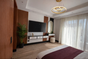 Modern villa bedroom with king-size bed