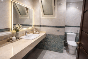 Luxury villa bathroom with marble vanity